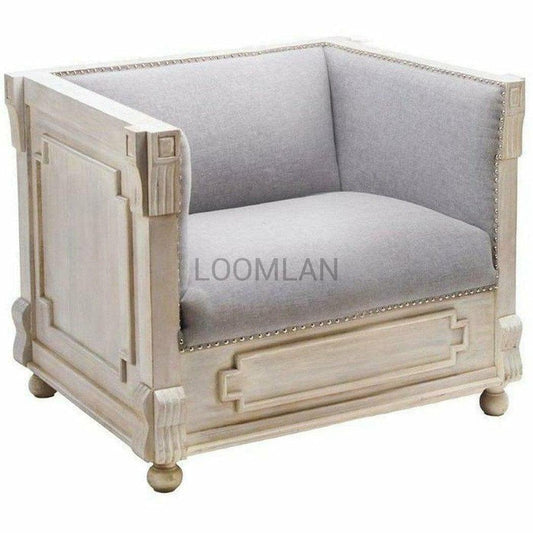 White Wash Carved Wood Upholstered Lounge Accent Chair - Sideboards and Things Accents_Natural, Accents_Tufted, Brand_LOOMLAN Home, Color_Gray, Color_White, Features_Exposed Wood, Features_Handmade, Features_Handmade/Handcarved, Features_Repurposed Materials, Finish_Distressed, Finish_Nailhead Trim, Finish_Whitewashed, Game Room, Legs Material_Wood, Product Type_Club Chair, Wood Species_Mango