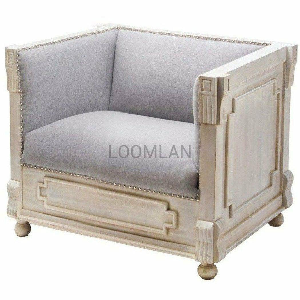 White Wash Carved Wood Upholstered Lounge Accent Chair - Sideboards and Things Accents_Natural, Accents_Tufted, Brand_LOOMLAN Home, Color_Gray, Color_White, Features_Exposed Wood, Features_Handmade, Features_Handmade/Handcarved, Features_Repurposed Materials, Finish_Distressed, Finish_Nailhead Trim, Finish_Whitewashed, Game Room, Legs Material_Wood, Product Type_Club Chair, Wood Species_Mango