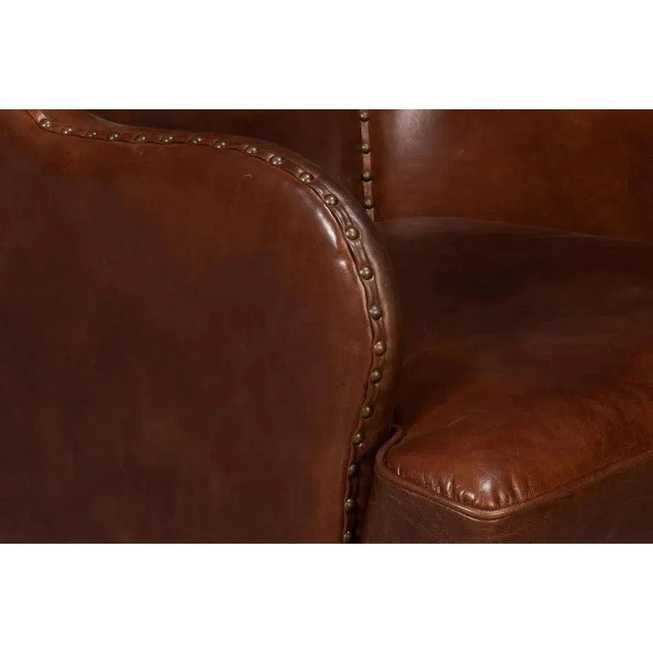 Whitney Distilled Leather Brown Arm Chair - LOOMLAN - Sarreid - Club Chairs