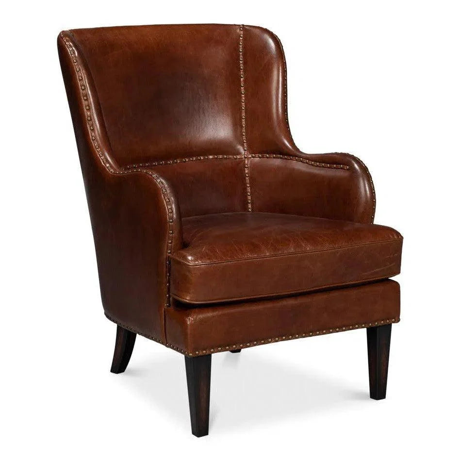 Whitney Distilled Leather Brown Arm Chair - LOOMLAN - Sarreid - Club Chairs