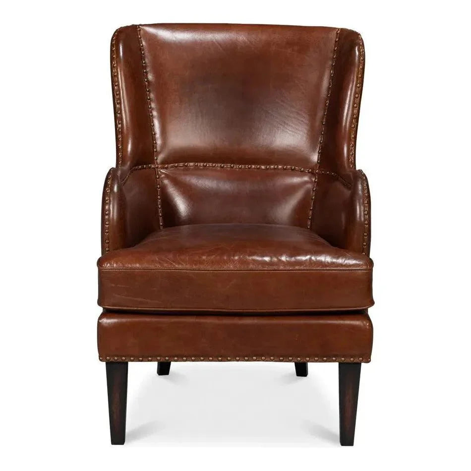 Whitney Distilled Leather Brown Arm Chair - LOOMLAN - Sarreid - Club Chairs