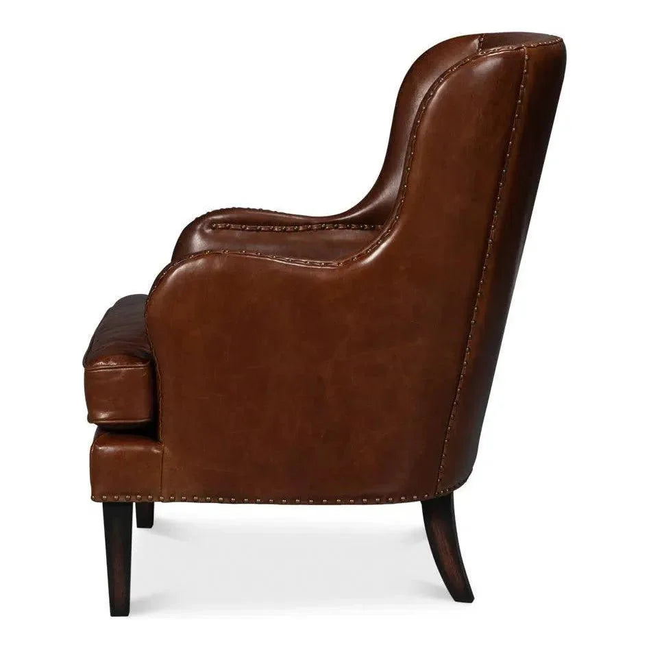 Whitney Distilled Leather Brown Arm Chair - LOOMLAN - Sarreid - Club Chairs