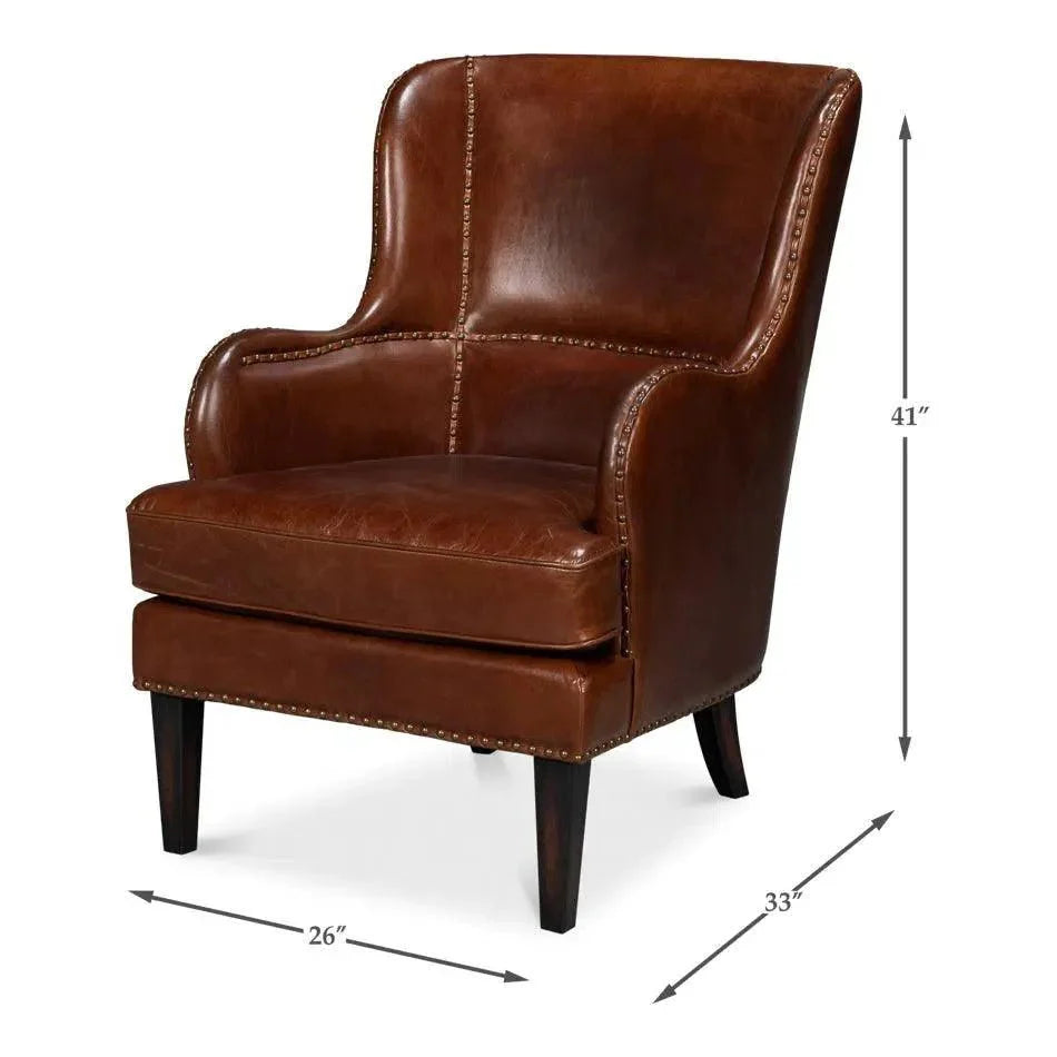 Whitney Distilled Leather Brown Arm Chair - LOOMLAN - Sarreid - Club Chairs