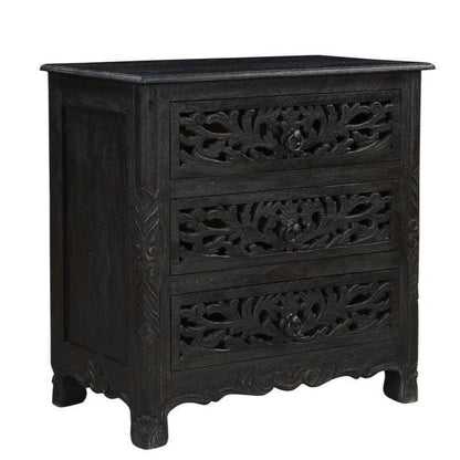 Wood Hand Carved Nightst 3 Drawers in Distressed Black - Sideboards and Things Brand_LOOMLAN Home, Color_Beige, Color_Gray, Features_Handmade, Features_Handmade/Handcarved, Features_Repurposed Materials, Features_With Drawers, Finish_Distressed, Hinges, Materials_Reclaimed Wood, Width_30-40