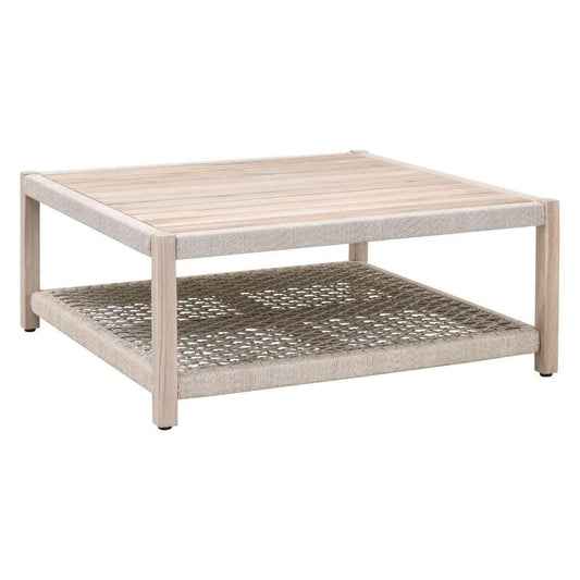 Wrap Outdoor Square Coffee Table Teak With Storage Shelf - Sideboards and Things Brand_Essentials For Living, Color_Natural, Features_Indoor/Outdoor Use, Features_With Shelves, Features_With Storage, Finish_Natural, Materials_Rope, OUTDOOR, Product Type_Outdoor Coffee Table, Shape_Square, Sustainable, Table Base_Wood, Table Top_Glass, Upholstery Type_Rope, Width_40-50, Wood Species_Teak