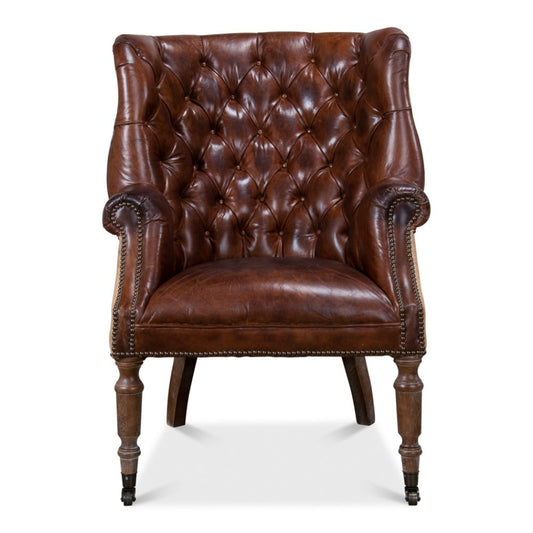 Welsh Leather & Jute Wing Tufted Back Accent Chair