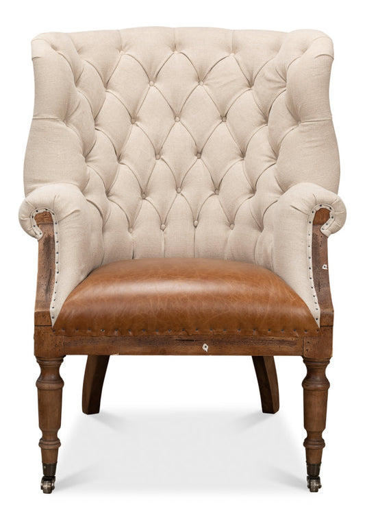 Welsh Beige Wing Accent Chair Linen, Burlap, Leather