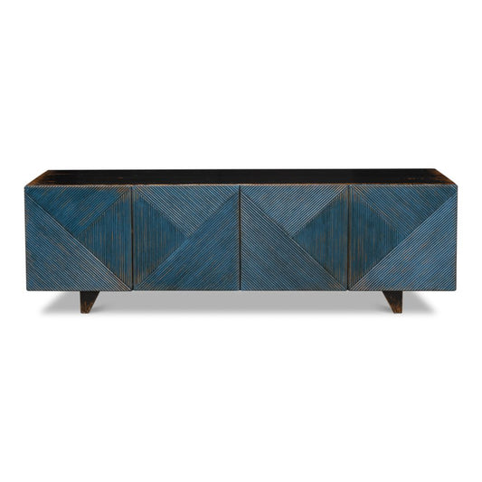 Low Wall Console TV Stand Distressed Blue Reclaimed Wood