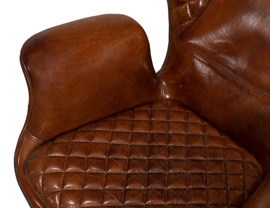 Quilted Vintage Havana Leather Wing Accent Chair