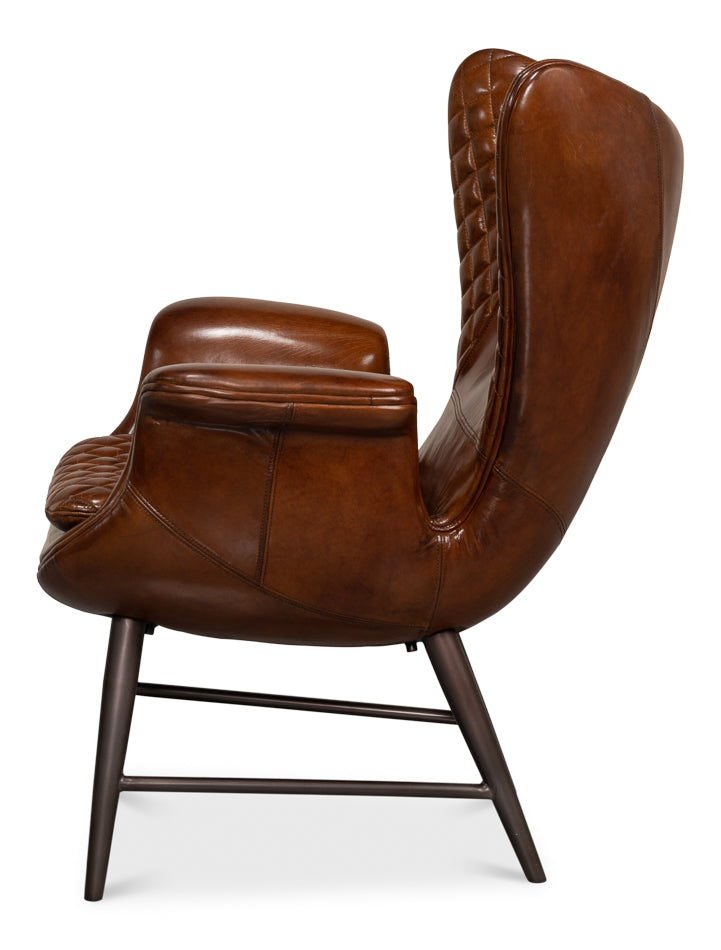 Quilted Vintage Havana Leather Wing Accent Chair