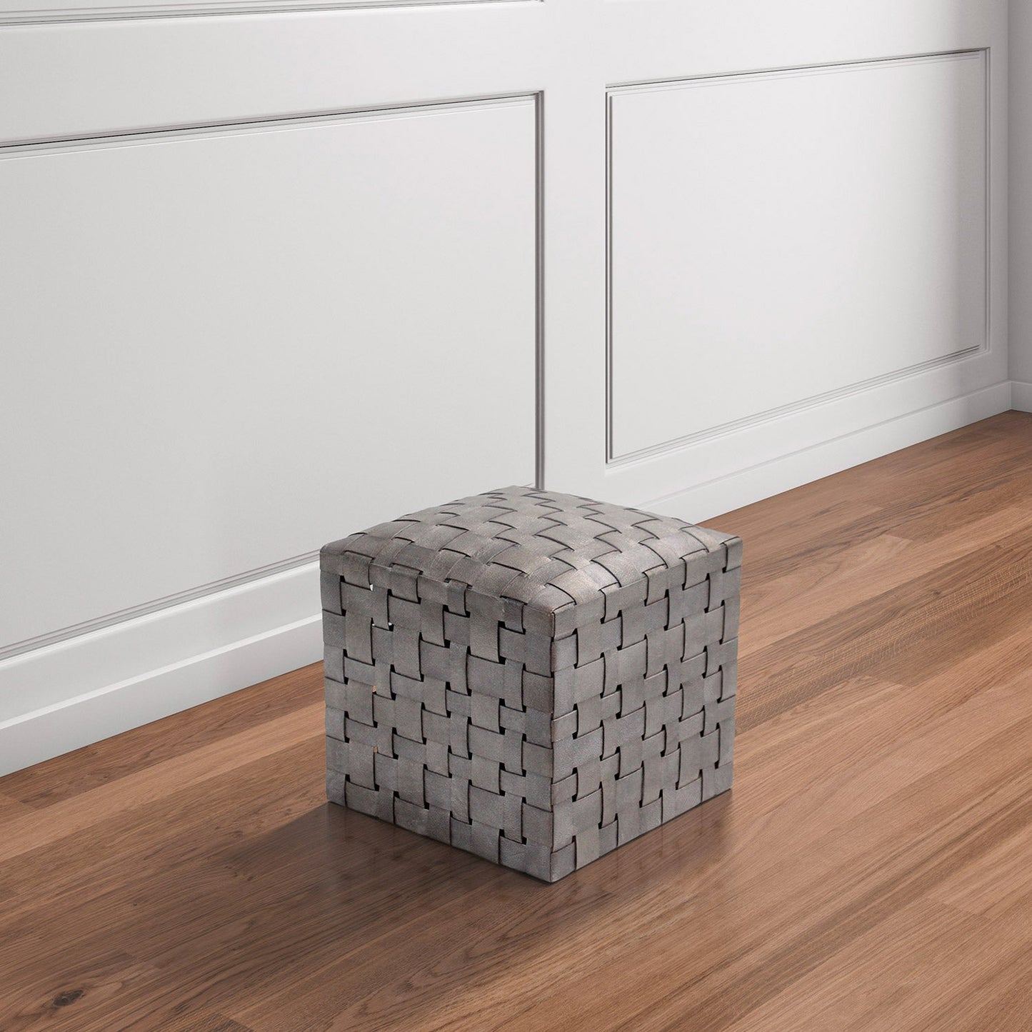 Square Leather Ottoman Soho, Dark Silver Leather