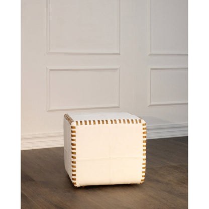 Ottoman Pouf Cube Stitched, White Leather