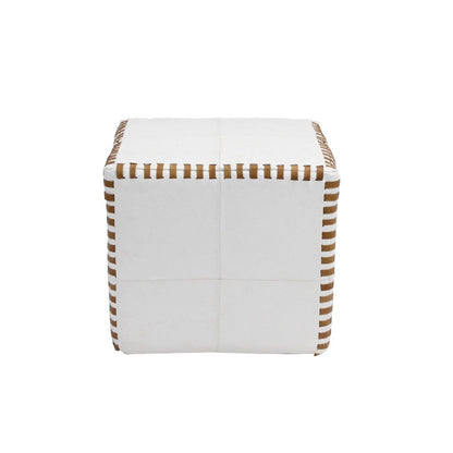 Ottoman Pouf Cube Stitched, White Leather