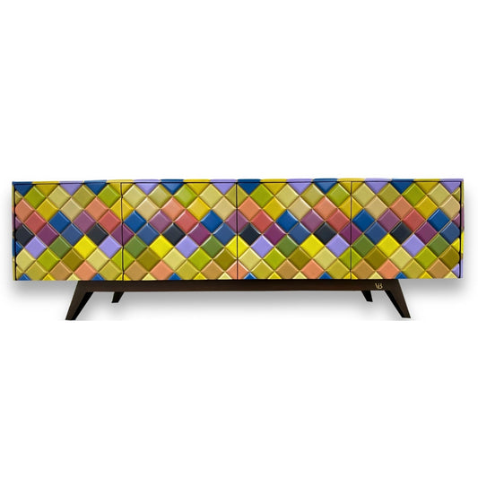 Multicolor Bright Rainbow Diamond Wood Sideboard for Dining Room