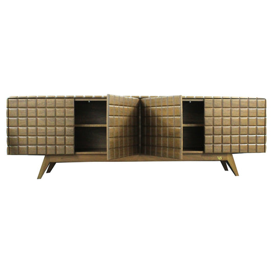 Natural Tone Handcarved Square Credenza Sideboard for Entryway