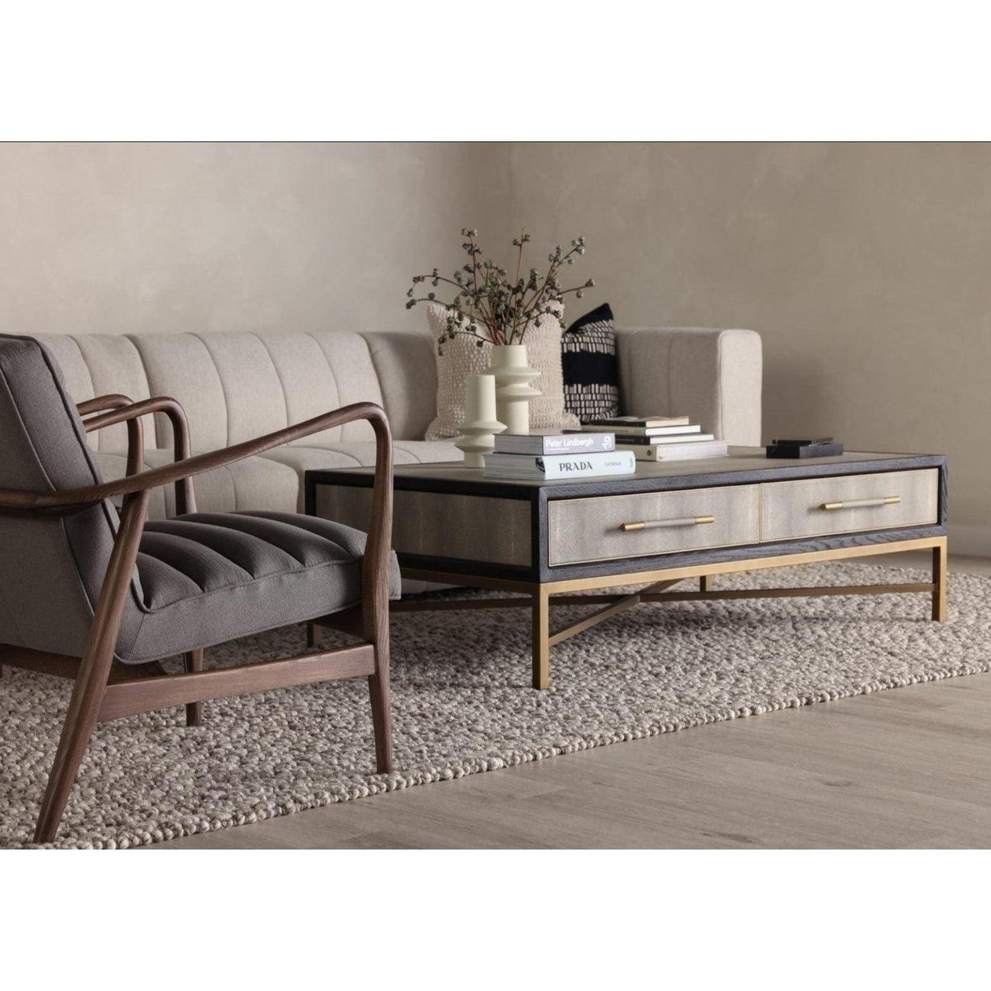 Grey Shagreen Gold Accents Retro Coffee Table With Drawers Coffee Tables LOOMLAN By Moe's Home