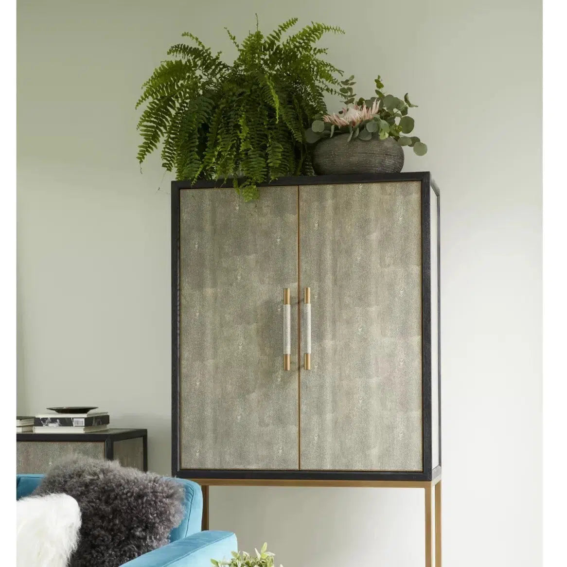 Grey Shagreen Retro Bar Tall Home Bar Cabinet on Stand Home Bar Cabinets LOOMLAN By Moe's Home