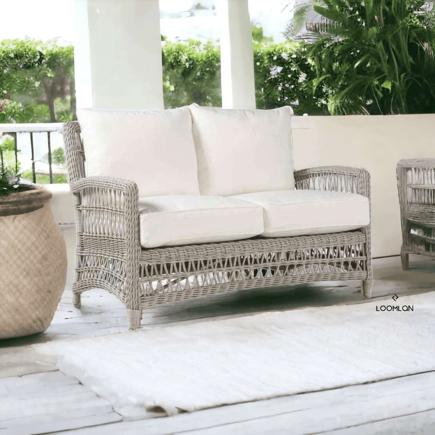 Mackinac Wicker Outdoor Wicker Loveseat With Cushions Outdoor Sofas & Loveseats LOOMLAN By Lloyd Flanders