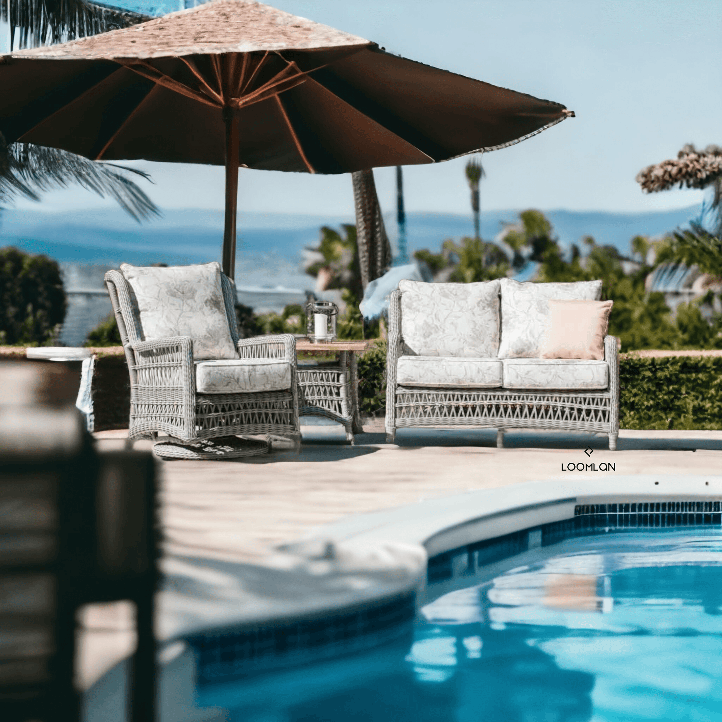 Mackinac Wicker Patio Loveseat Swivel Chair and Table Set Outdoor Lounge Sets LOOMLAN By Lloyd Flanders