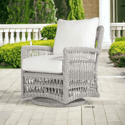 Mackinac Wicker Patio Loveseat Swivel Chair and Table Set Outdoor Lounge Sets LOOMLAN By Lloyd Flanders