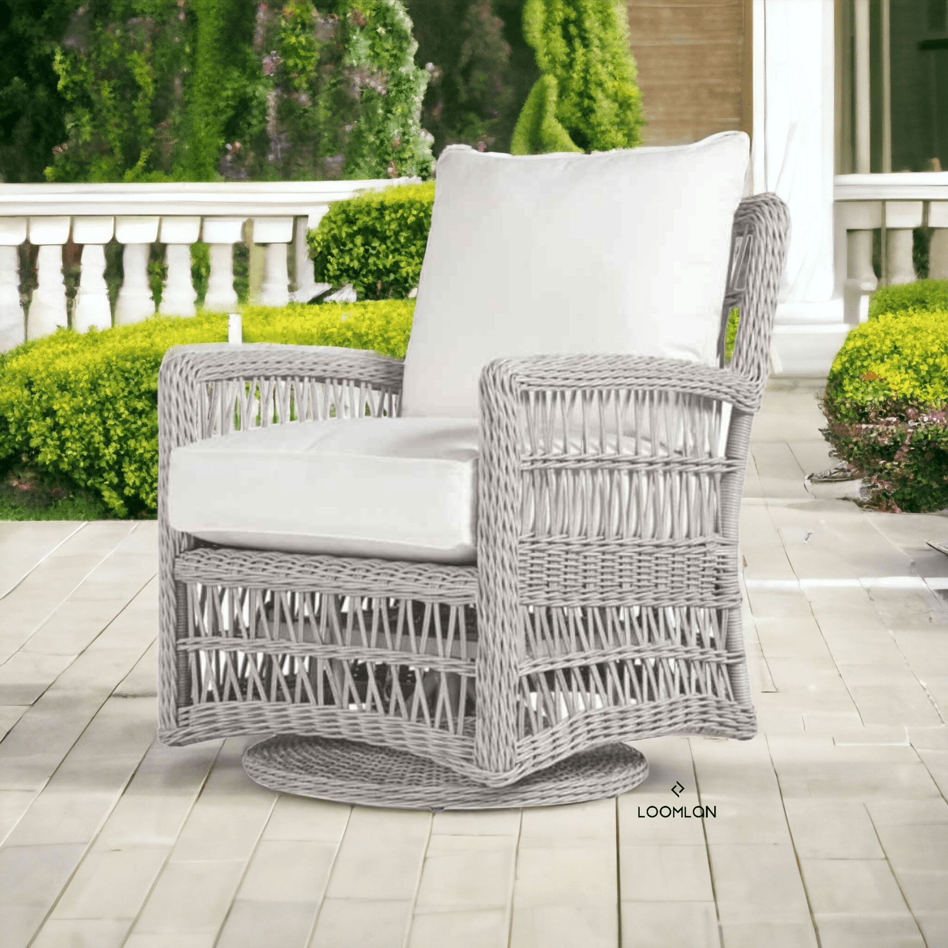 Mackinac Wicker Patio Loveseat Swivel Chair and Table Set Outdoor Lounge Sets LOOMLAN By Lloyd Flanders