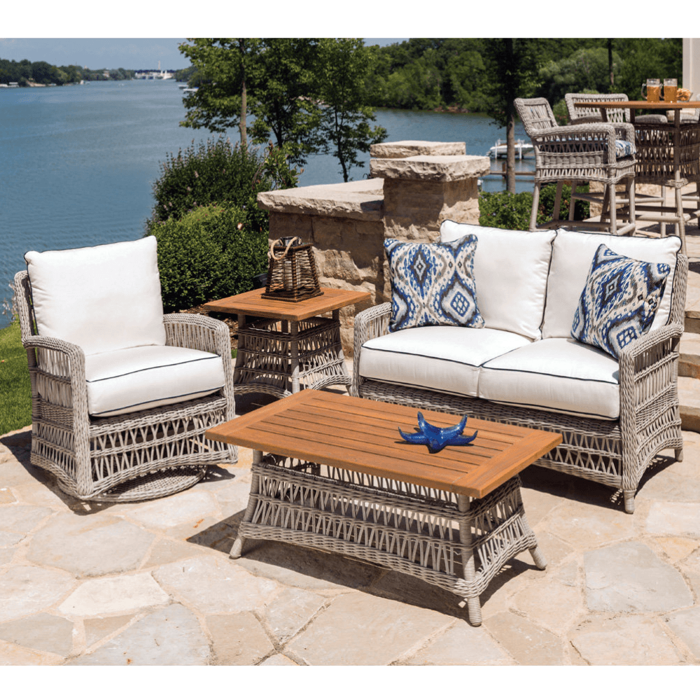 Mackinac Wicker Patio Loveseat Swivel Chair and Table Set Outdoor Lounge Sets LOOMLAN By Lloyd Flanders