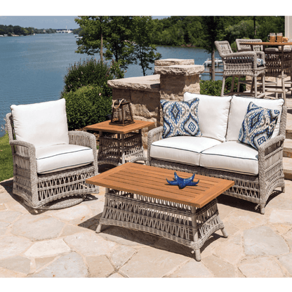 Mackinac Wicker Patio Loveseat Swivel Chair and Table Set Outdoor Lounge Sets LOOMLAN By Lloyd Flanders