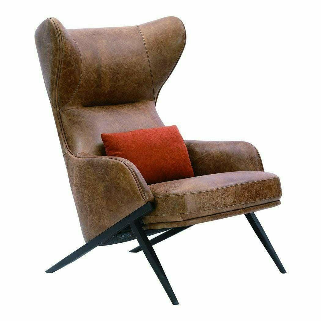 Open Road Brown Leather Curved Wingback Lounge Chair Club Chairs LOOMLAN By Moe's Home