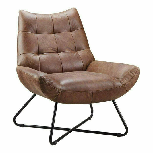 Real Leather Armless Chair Tufted Brown Tan Leather Lounger Club Chairs LOOMLAN By Moe's Home