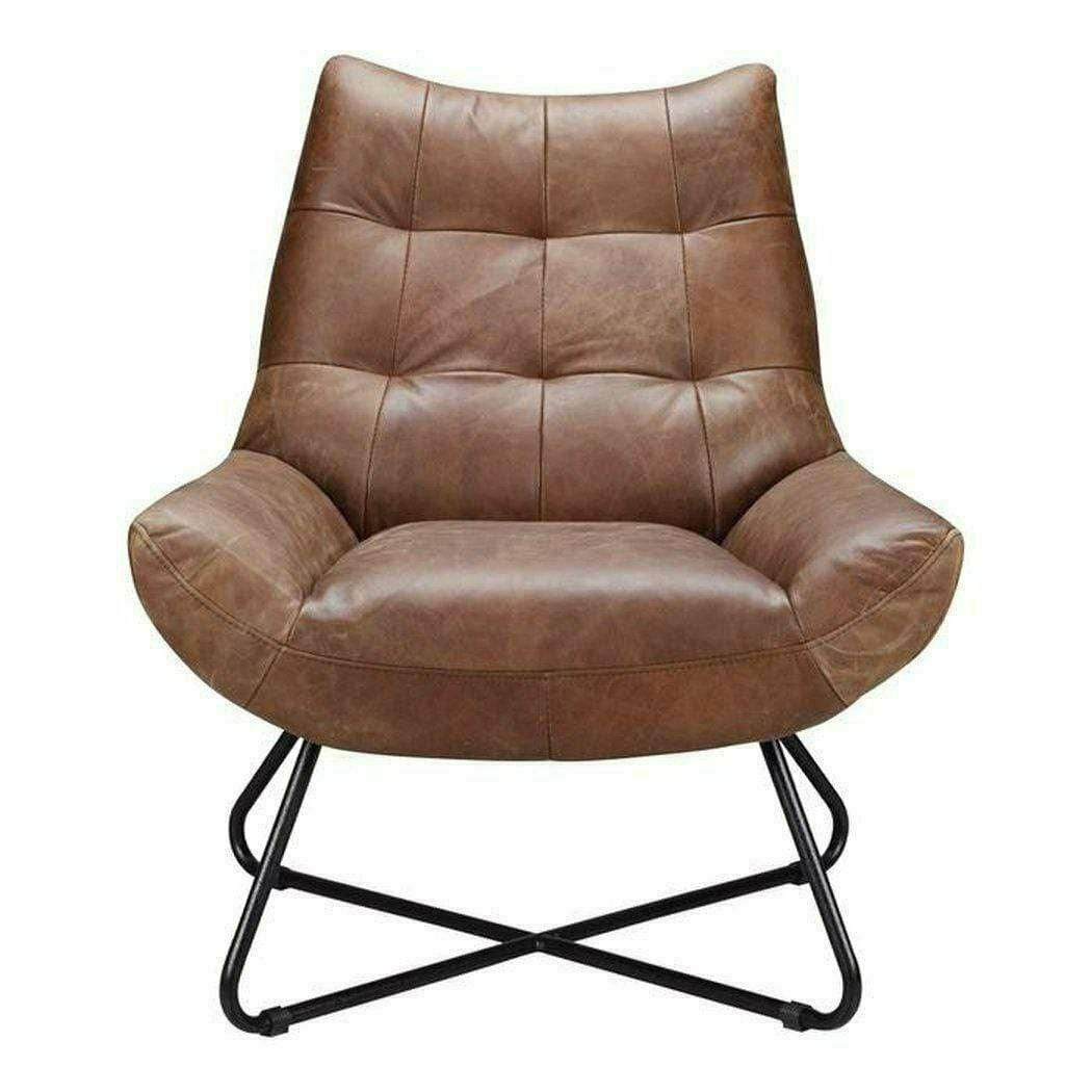 Real Leather Armless Chair Tufted Brown Tan Leather Lounger Club Chairs LOOMLAN By Moe's Home