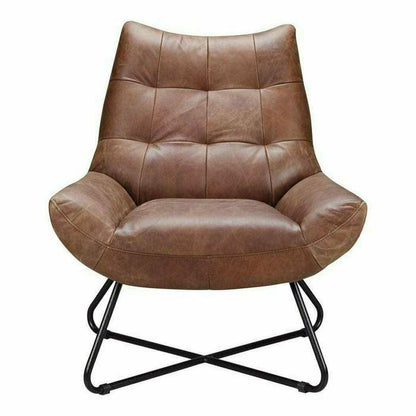 Real Leather Armless Chair Tufted Brown Tan Leather Lounger Club Chairs LOOMLAN By Moe's Home