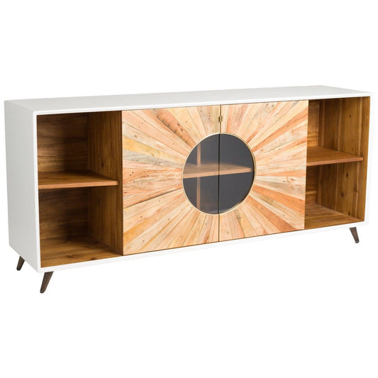 Rustic White and Brown Oak Wood Sideboard Glass Doors and Shelves Sideboards LOOMLAN By LHIMPORTS