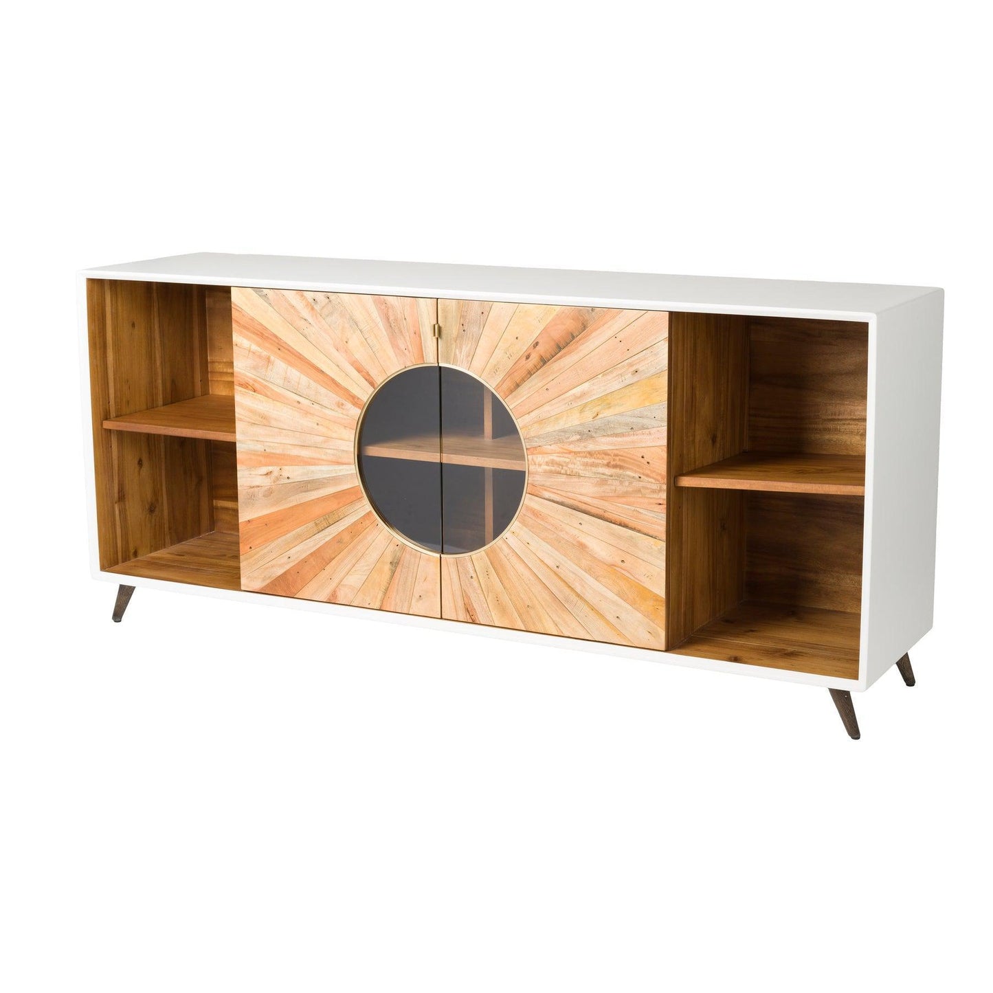 Rustic White and Brown Oak Wood Sideboard Glass Doors and Shelves Sideboards LOOMLAN By LHIMPORTS