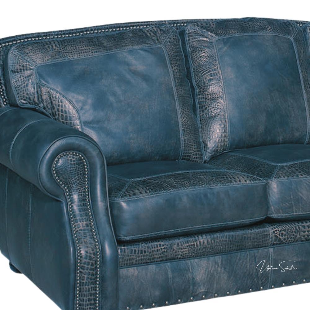 Western Style Leather Couch With Blue Alligator Embossed Leather Sofas & Loveseats LOOMLAN By Uptown Sebastian