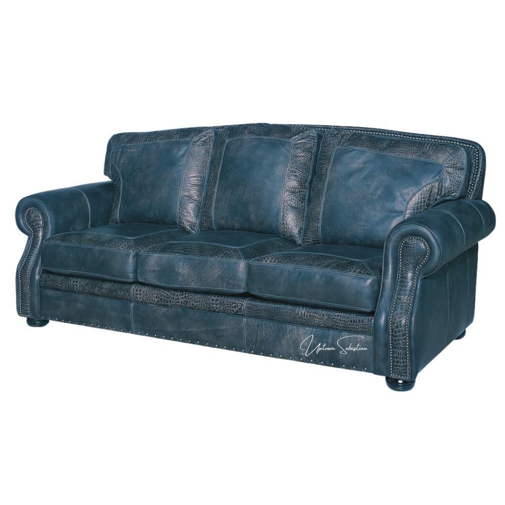 Western Style Leather Couch With Blue Alligator Embossed Leather Sofas & Loveseats LOOMLAN By Uptown Sebastian